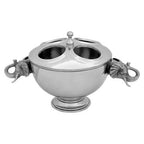 4 Bottle Elephant Wine Cooler in silver aluminium featuring sculpted elephant head handles and a fitted lid on a drinks station