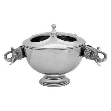 4 Bottle Elephant Wine Cooler in silver aluminium featuring sculpted elephant head handles and a fitted lid on a drinks station