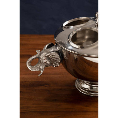 4 Bottle Elephant Wine Cooler in silver aluminium featuring sculpted elephant head handles and a fitted lid on a drinks station