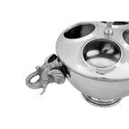 4 Bottle Elephant Wine Cooler in silver aluminium featuring sculpted elephant head handles and a fitted lid on a drinks station