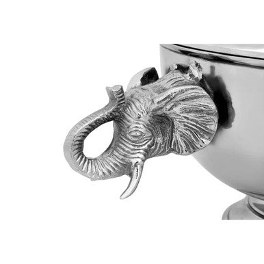 4 Bottle Elephant Wine Cooler in silver aluminium featuring sculpted elephant head handles and a fitted lid on a drinks station