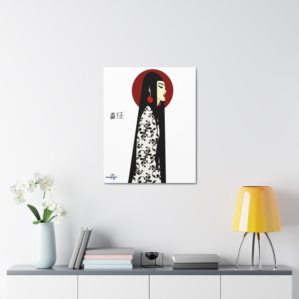 Asian Elegance Stretched Canvas Geisha Profile Art with Red Halo