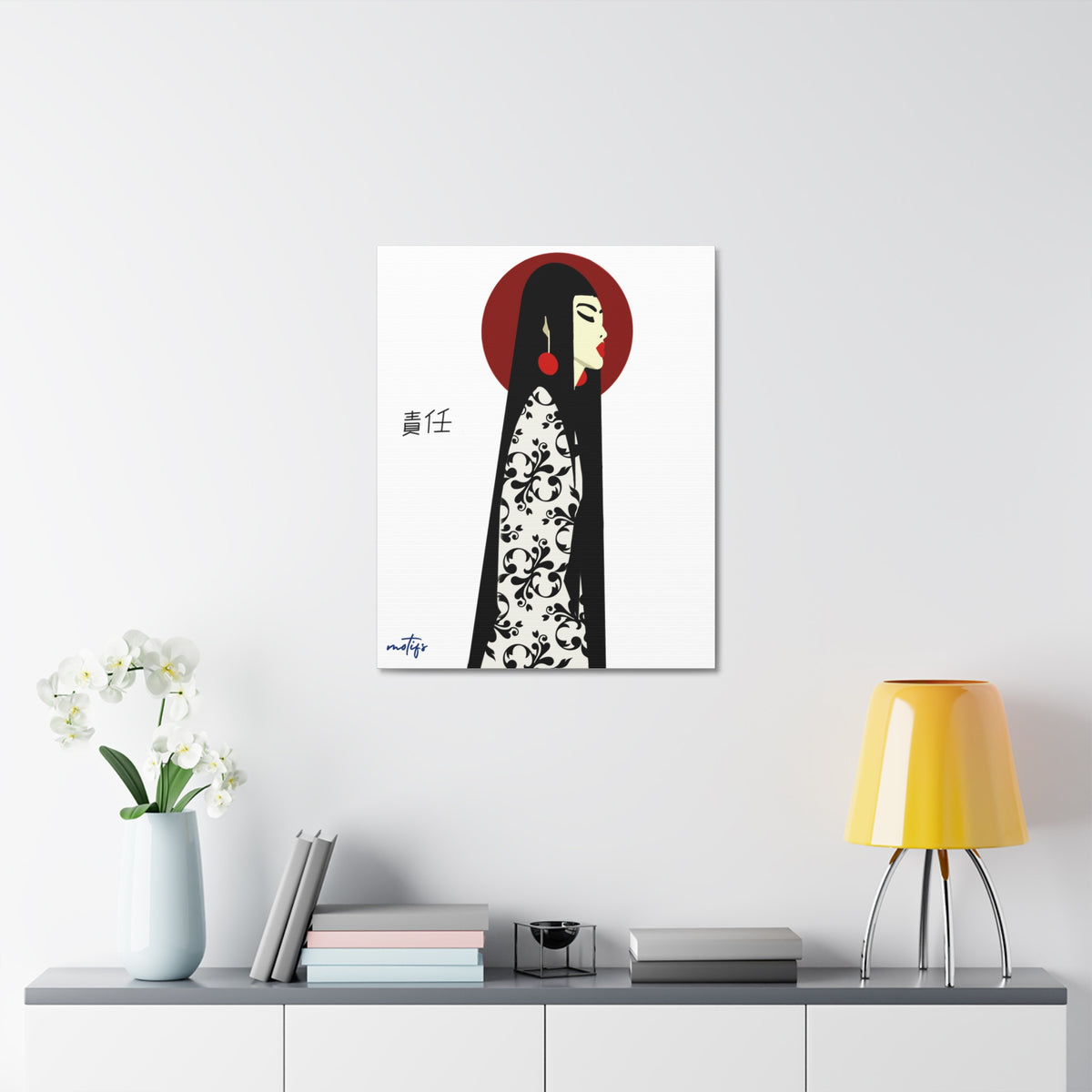 Asian Elegance Stretched Canvas Geisha Profile Art with Red Halo