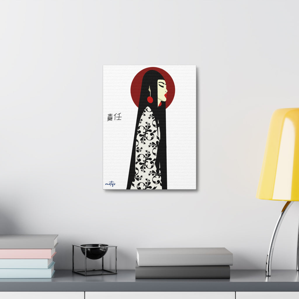 Asian Elegance Stretched Canvas  Geisha Profile Art with Red Halo