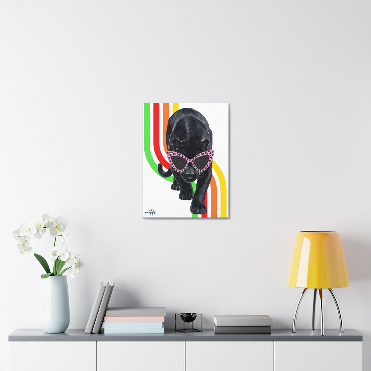 Panther Canvas Wall Art Retro Rainbow Stripes with Pink Sunglasses