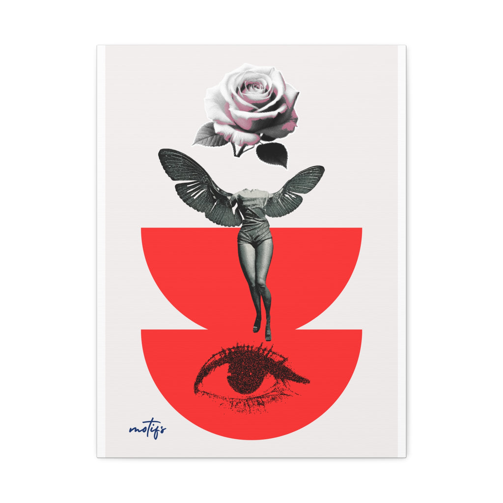 A vertical art print featuring a surreal illustration of a winged female figure floating beneath a large pink rose, with a red abstract shape and a dark eye motif below. The print has a white border and the word 'mete' in blue script at the lower left.