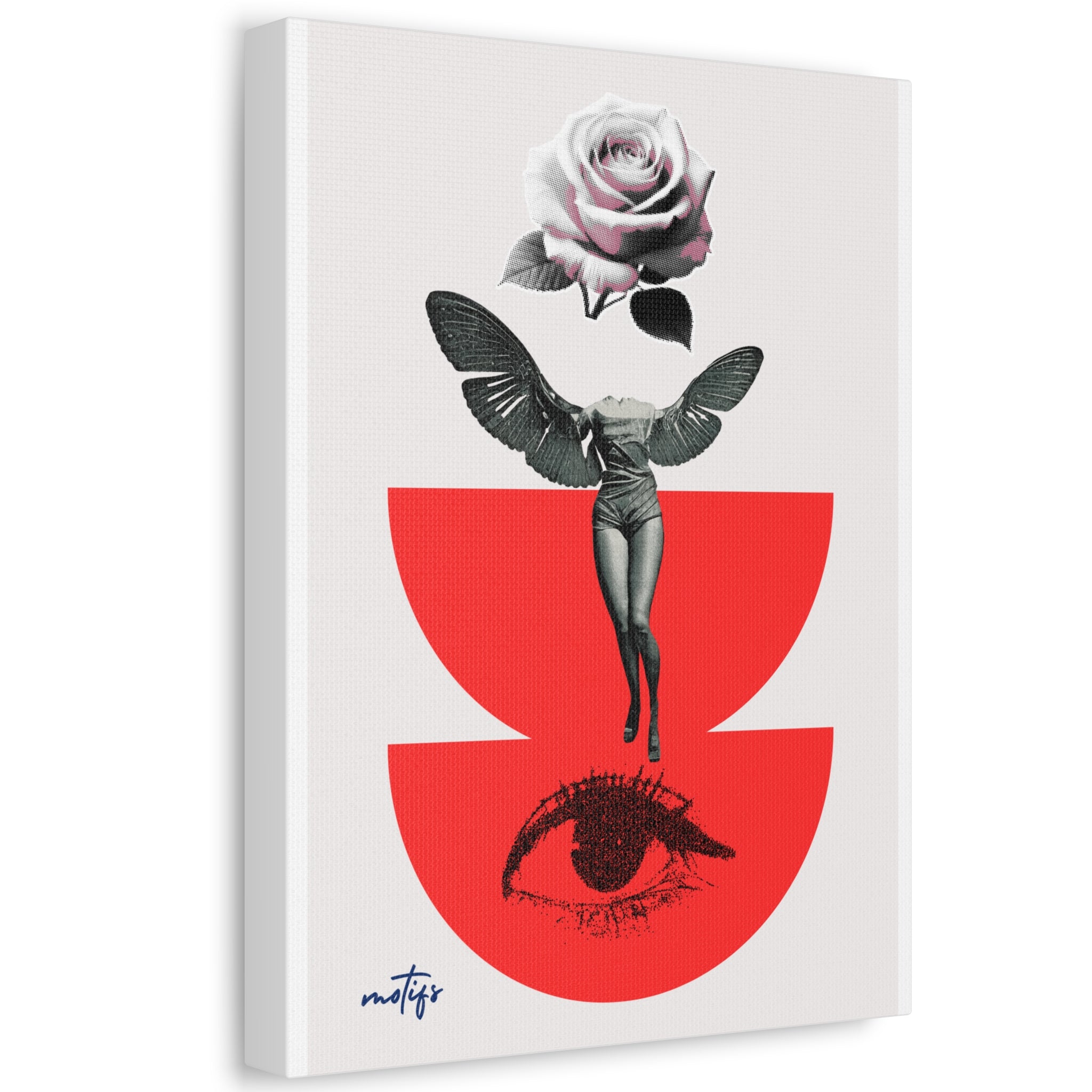 A vertical canvas wall art print featuring a surreal illustration of a woman with wings holding a rose above a red abstract shape, with an eye motif below. The canvas is shown at a slight angle against a clean white background.