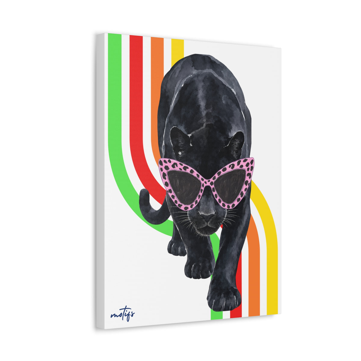 Panther Canvas Wall Art Retro Rainbow Stripes with Pink Sunglasses