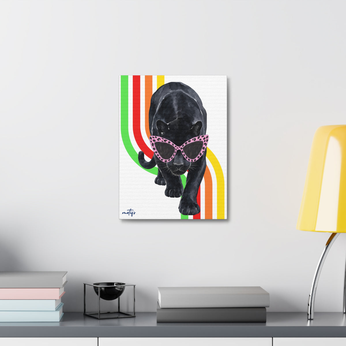 Panther Canvas Wall Art Retro Rainbow Stripes with Pink Sunglasses