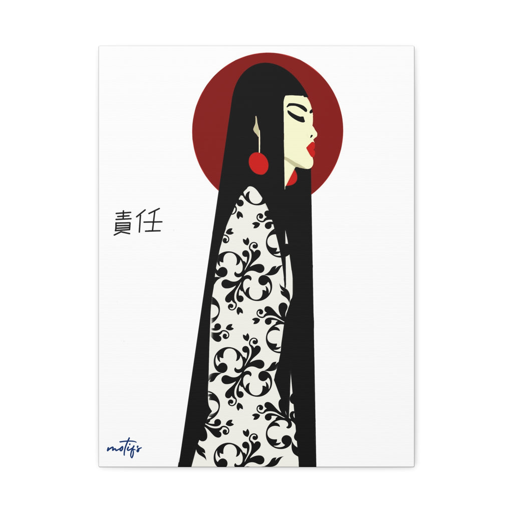 Asian Elegance Stretched Canvas featuring a stylized geisha profile with a red halo and floral garment
