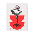 A minimalist art print featuring a surreal illustration of a winged female figure floating above a large red semicircle, with a pale pink rose above her head and a dark eye motif below. The print is shown against a clean white background.