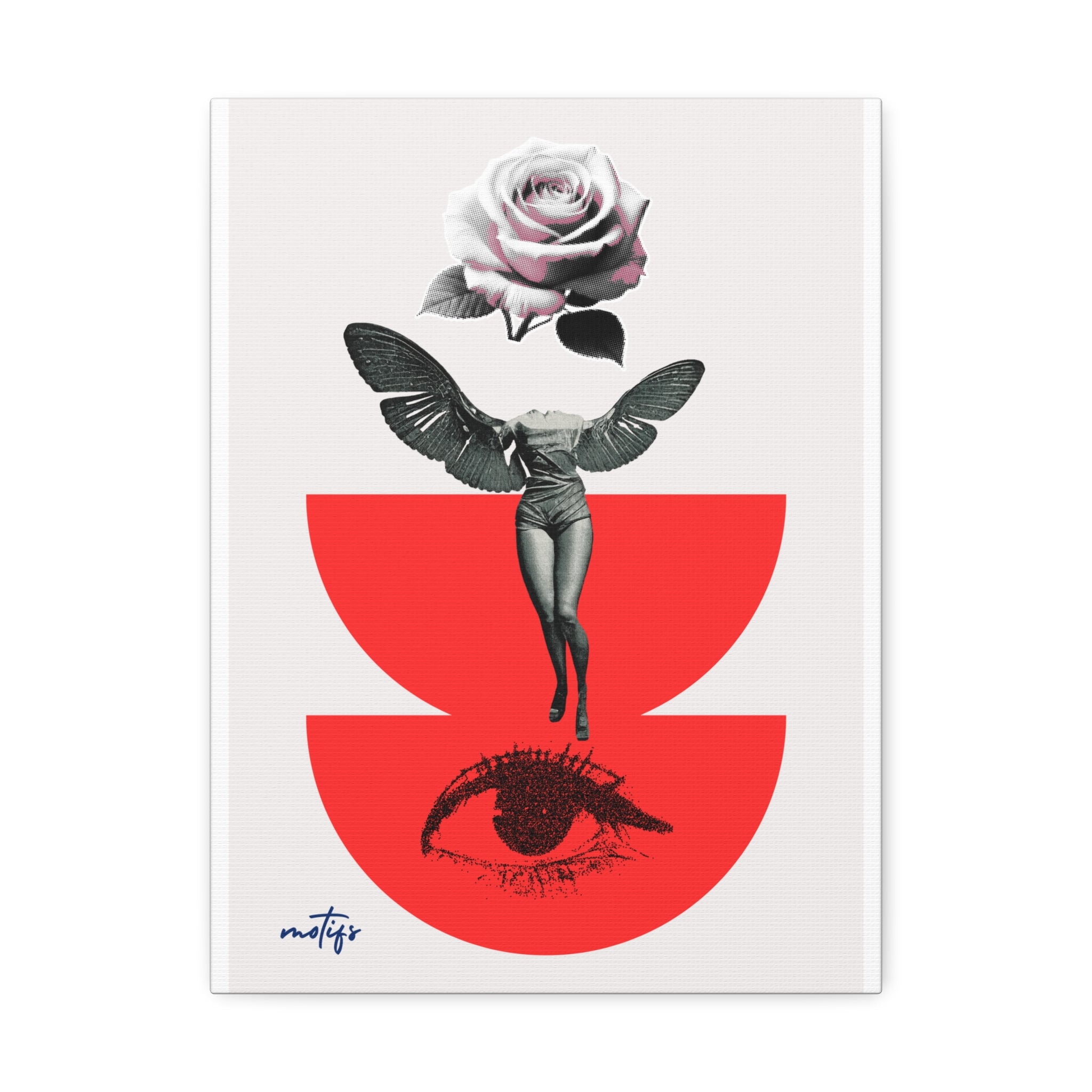 A minimalist art print featuring a surreal illustration of a winged female figure floating above a large red semicircle, with a pale pink rose above her head and a dark eye motif below. The print is shown against a clean white background.