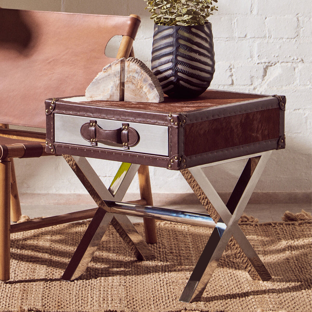 Kensington Townhouse Brown and White Hair on Leather Side Table
