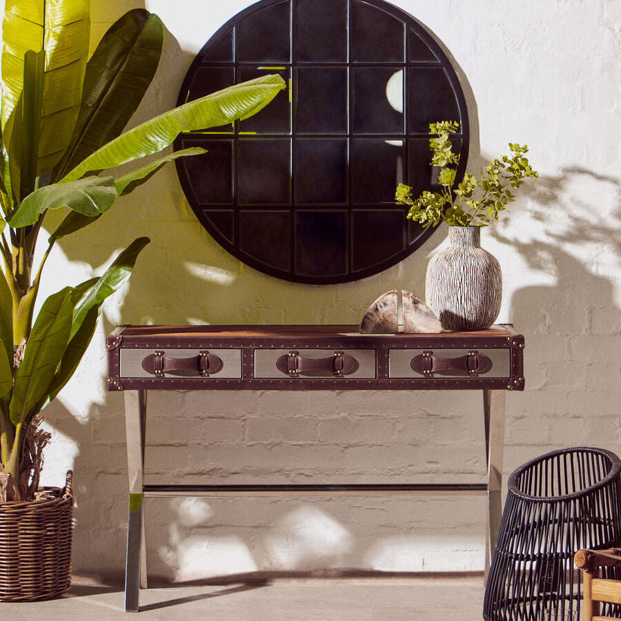Kensington Townhouse Brown and White Hair on Leather Console Table with Drawers
