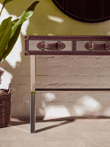 Kensington Brown & White Hair-on-Leather Console Table with Drawers