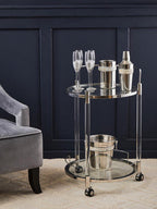 Oria Clear Glass and Black Finish 2 Tier Round Drinks Trolley