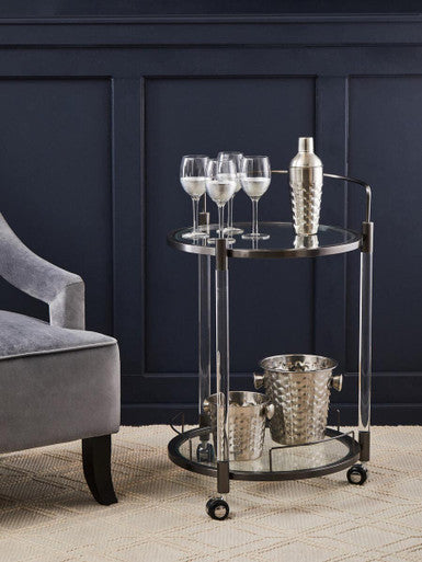 Oria Clear Glass and Black Finish 2 Tier Round Drinks Trolley