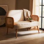 Cebu Ivory Fabric and Cane 2 Seater Sofa with Elm Wood Legs