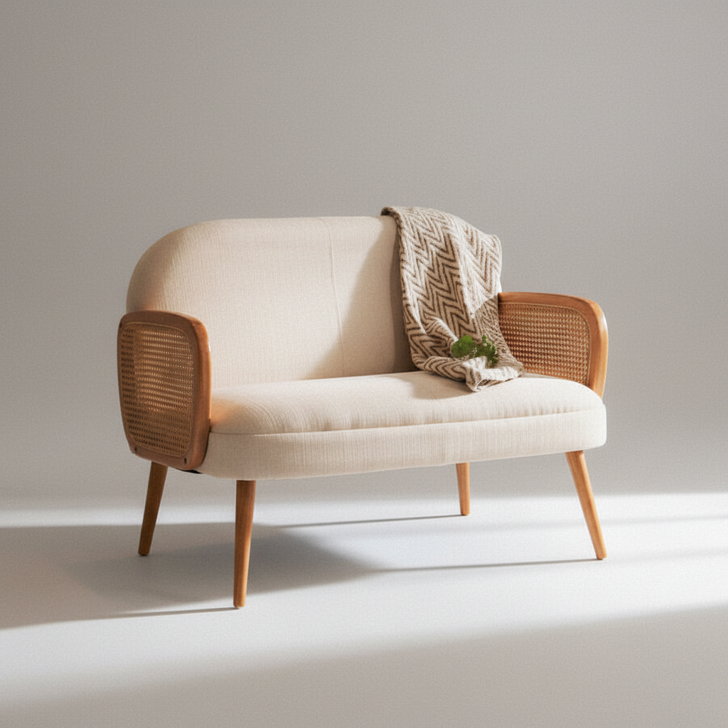 Cebu Ivory Fabric and Cane 2 Seater Sofa with Elm Wood Legs
