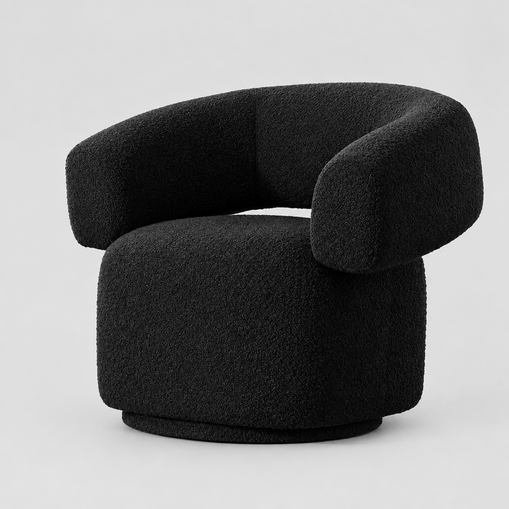 Oliveto Black Bouclé Curved Swivel Armchair with 360 degree revolving base and modern cut-out back design