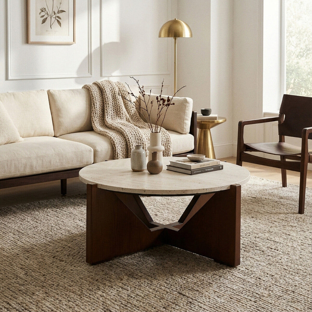 Winton Coffee Table with a round cream travertine stone top resting on an angular brown acacia wood geometric base in a modern living room