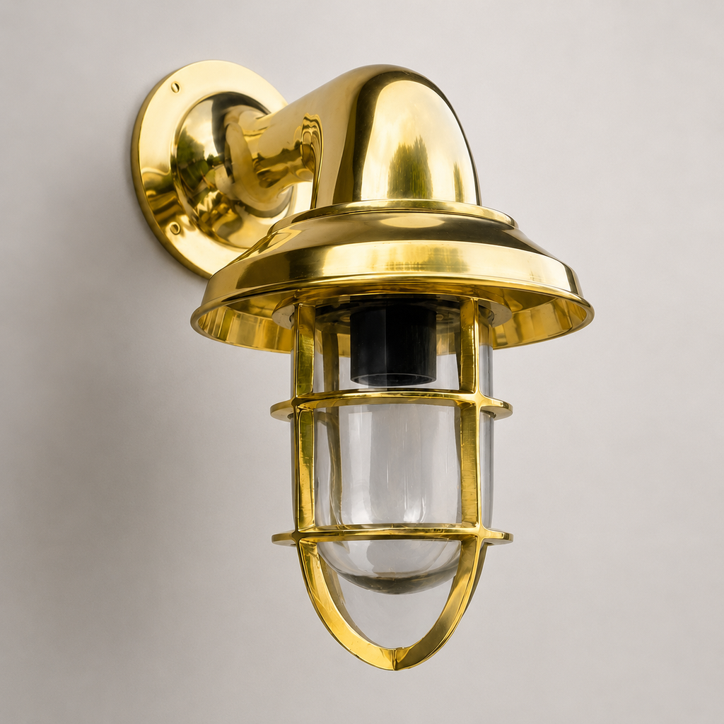Solid Brass Caged Swan Neck Wall Light | IP64 Indoor & Outdoor