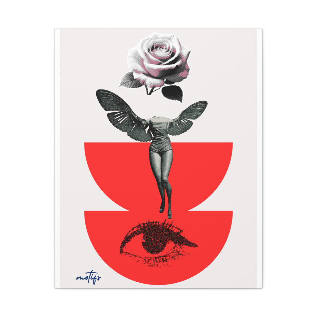 A minimalist art print featuring a black and white winged female figure floating beneath a pink rose, with a large red abstract shape and a black eye illustration on a light background. The brand name 'matigs' is printed in blue script in the bottom-left corner.