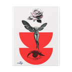 A minimalist art print featuring a black and white winged female figure floating beneath a pink rose, with a large red abstract shape and a black eye illustration on a light background. The brand name 'matigs' is printed in blue script in the bottom-left corner.