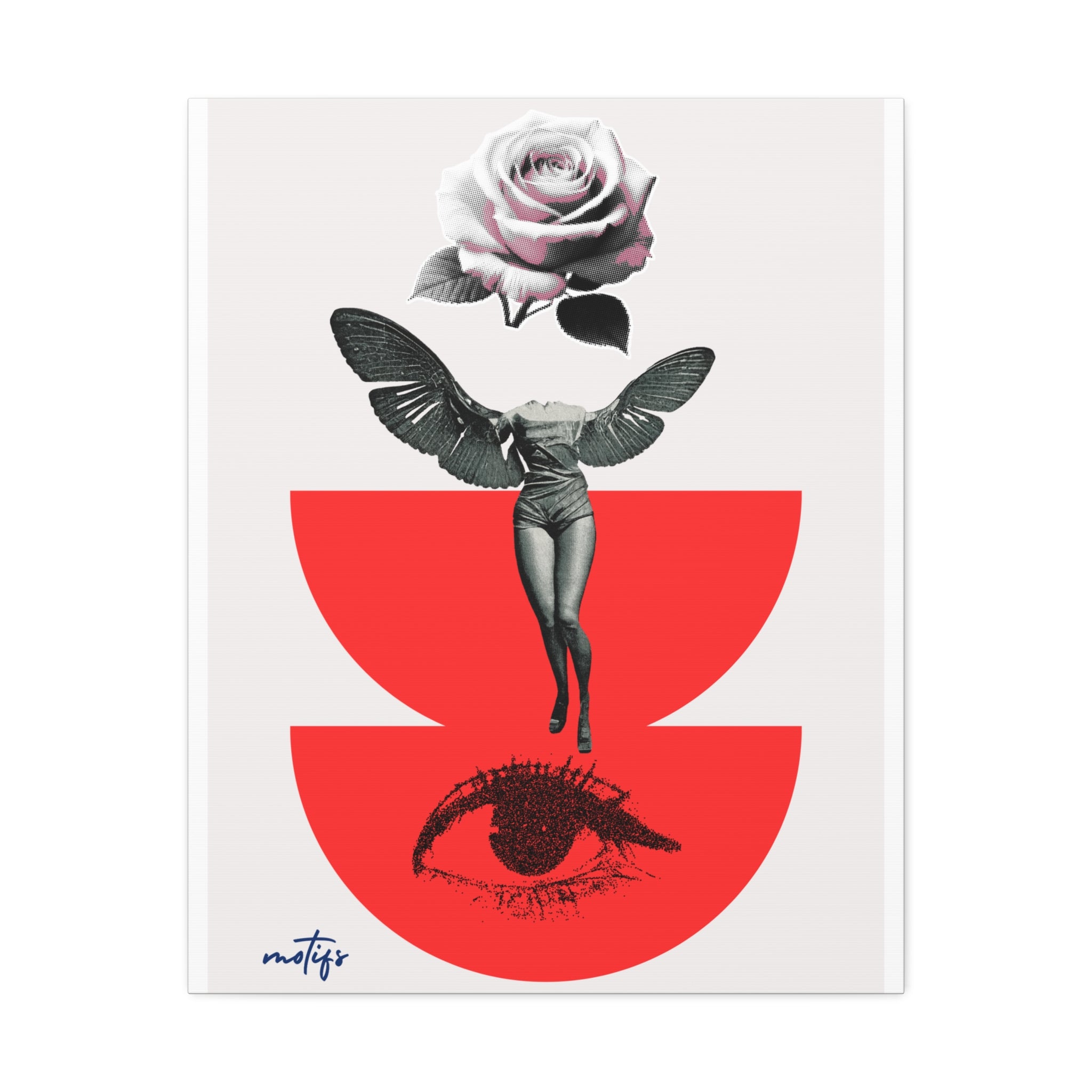 A minimalist art print featuring a black and white winged female figure floating beneath a pink rose, with a large red abstract shape and a black eye illustration on a light background. The brand name 'matigs' is printed in blue script in the bottom-left corner.