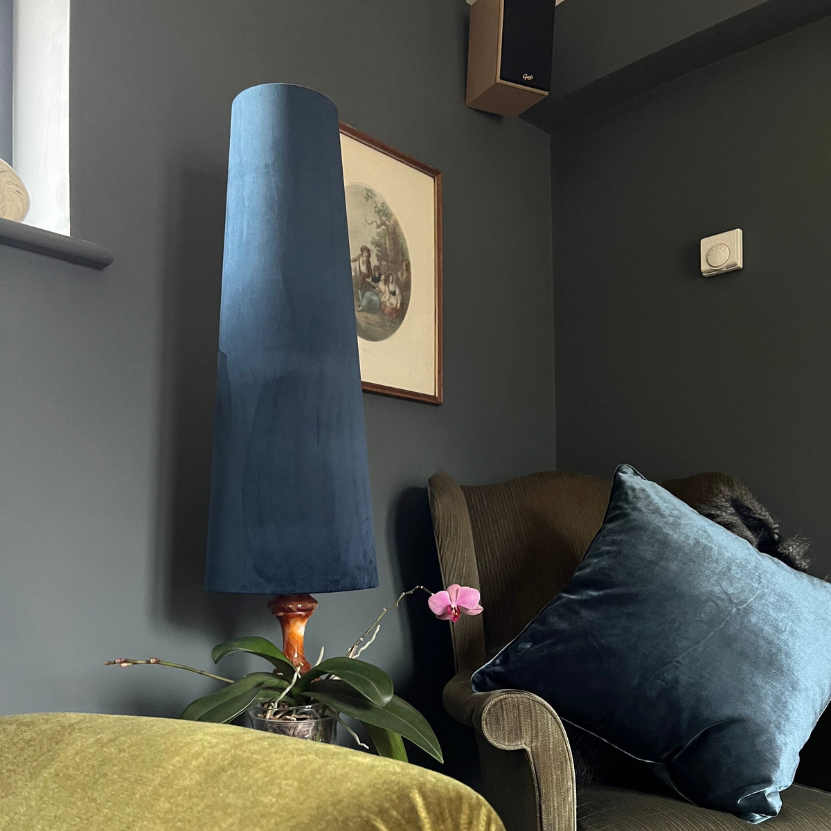 Navy Velvet Lampshade Extra Tall Cone Light Shade Bespoke Handmade UK