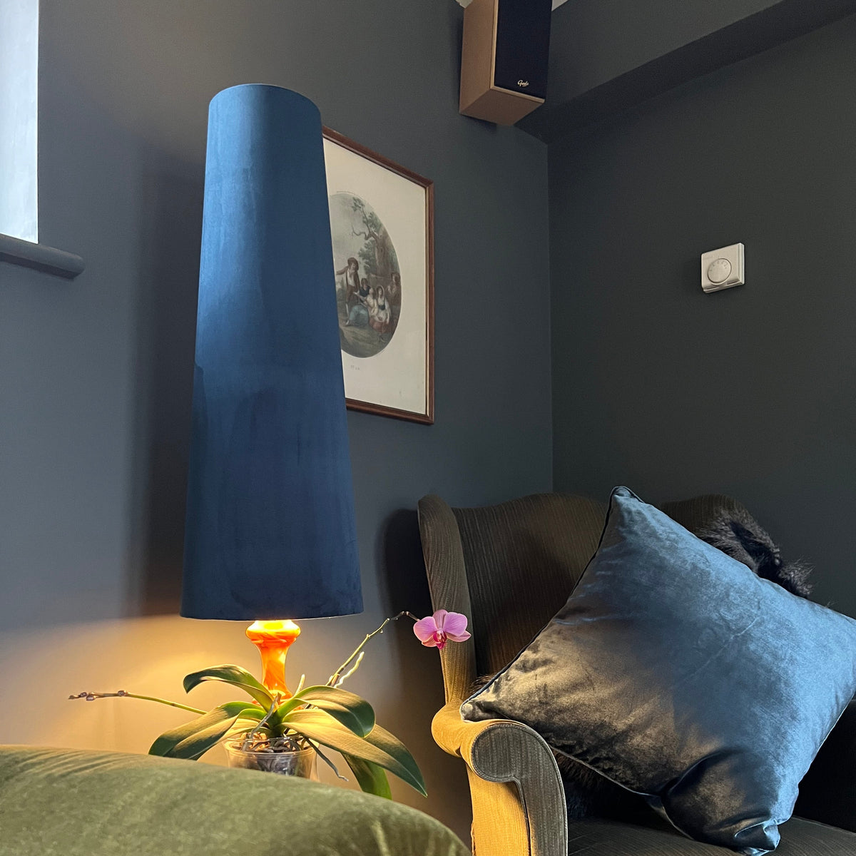 Navy Velvet Lampshade Extra Tall Cone Light Shade Bespoke Handmade UK