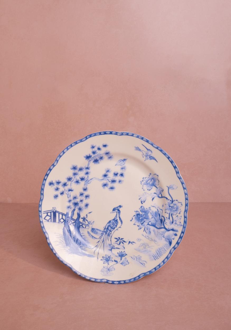 Virginia Blue and White porcelain dessert plate with delicate lacy floral pattern