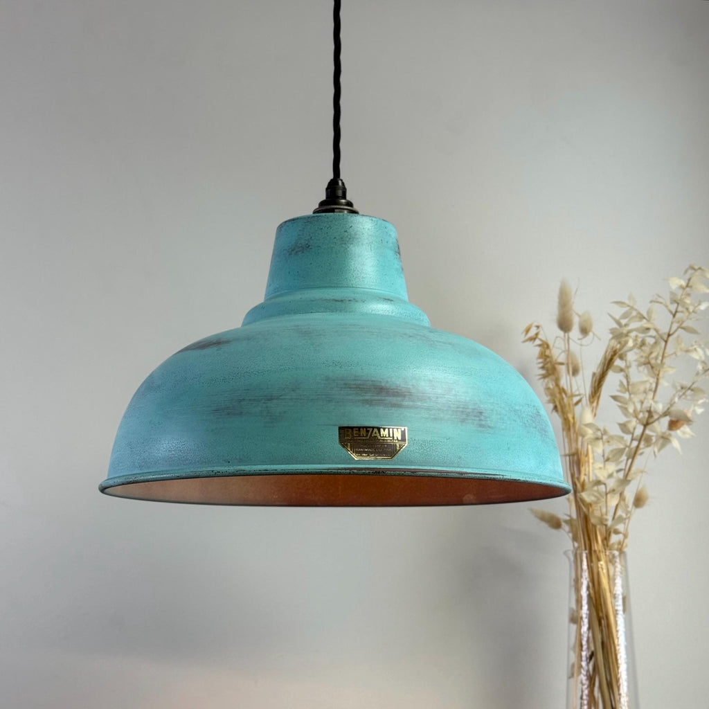 Industrial Turquoise Copper Lampshade - Vintage Patina Hanging Light