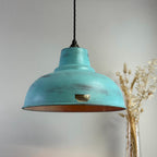 Industrial Turquoise Copper Lampshade - Vintage Patina Hanging Light
