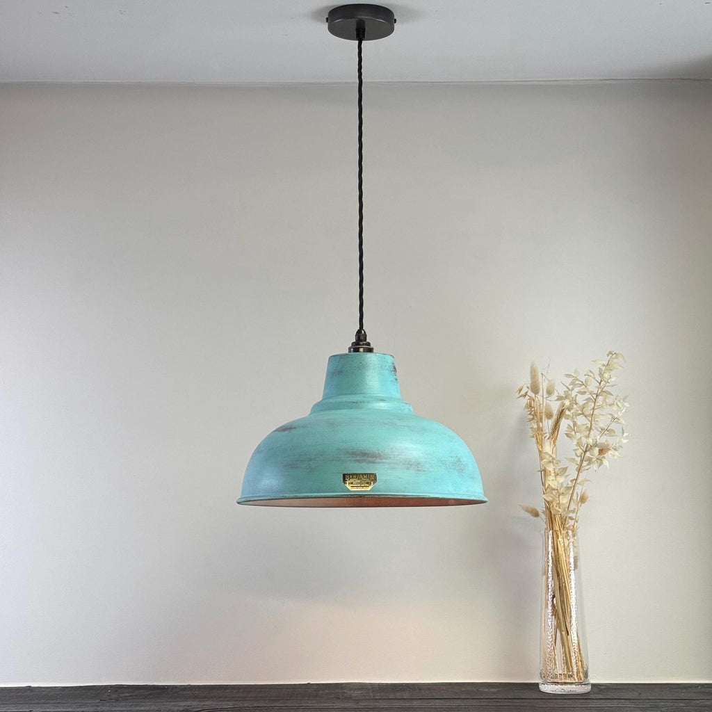 Industrial Turquoise Copper Lampshade - Vintage Patina Hanging Light