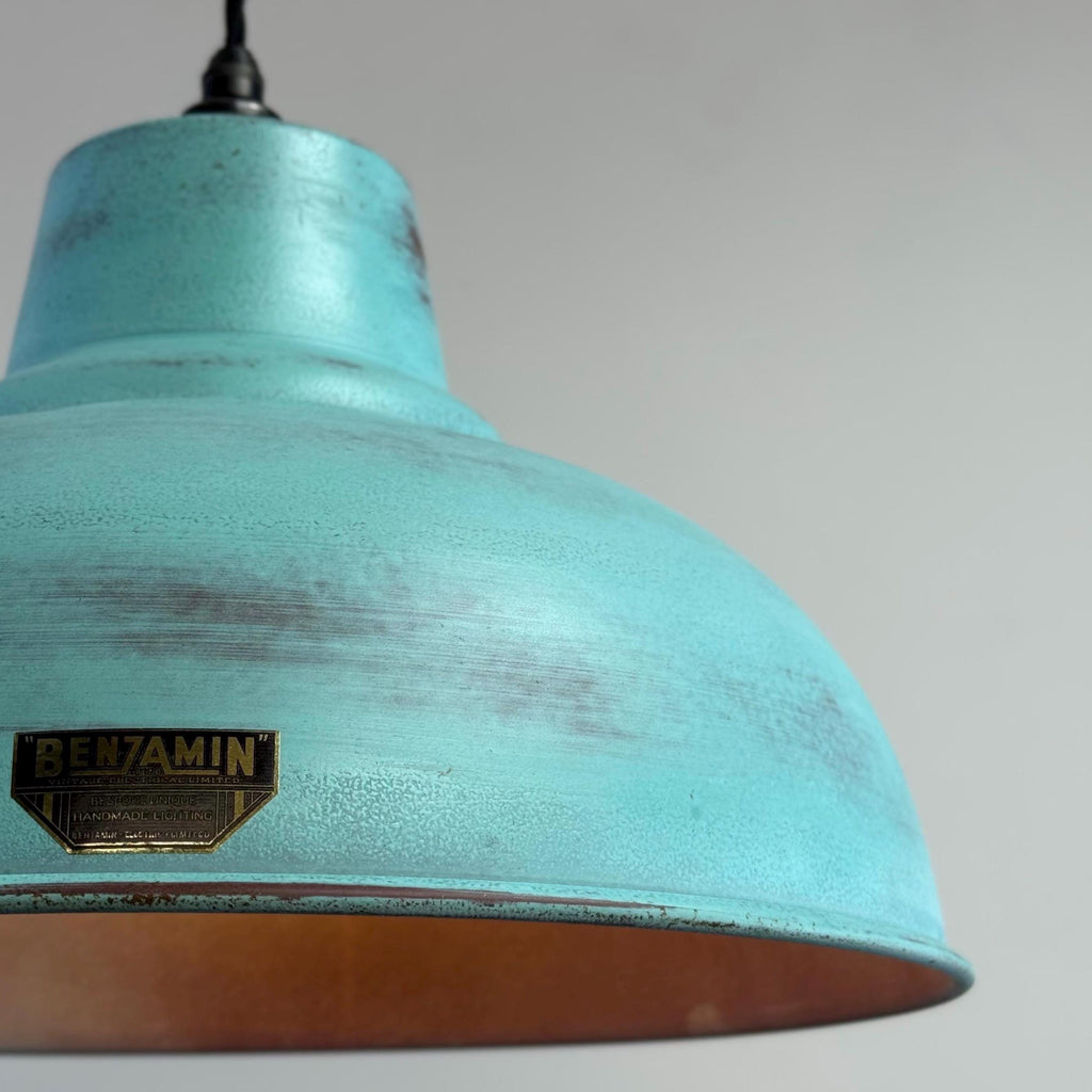 Industrial Turquoise Copper Lampshade - Vintage Patina Hanging Light