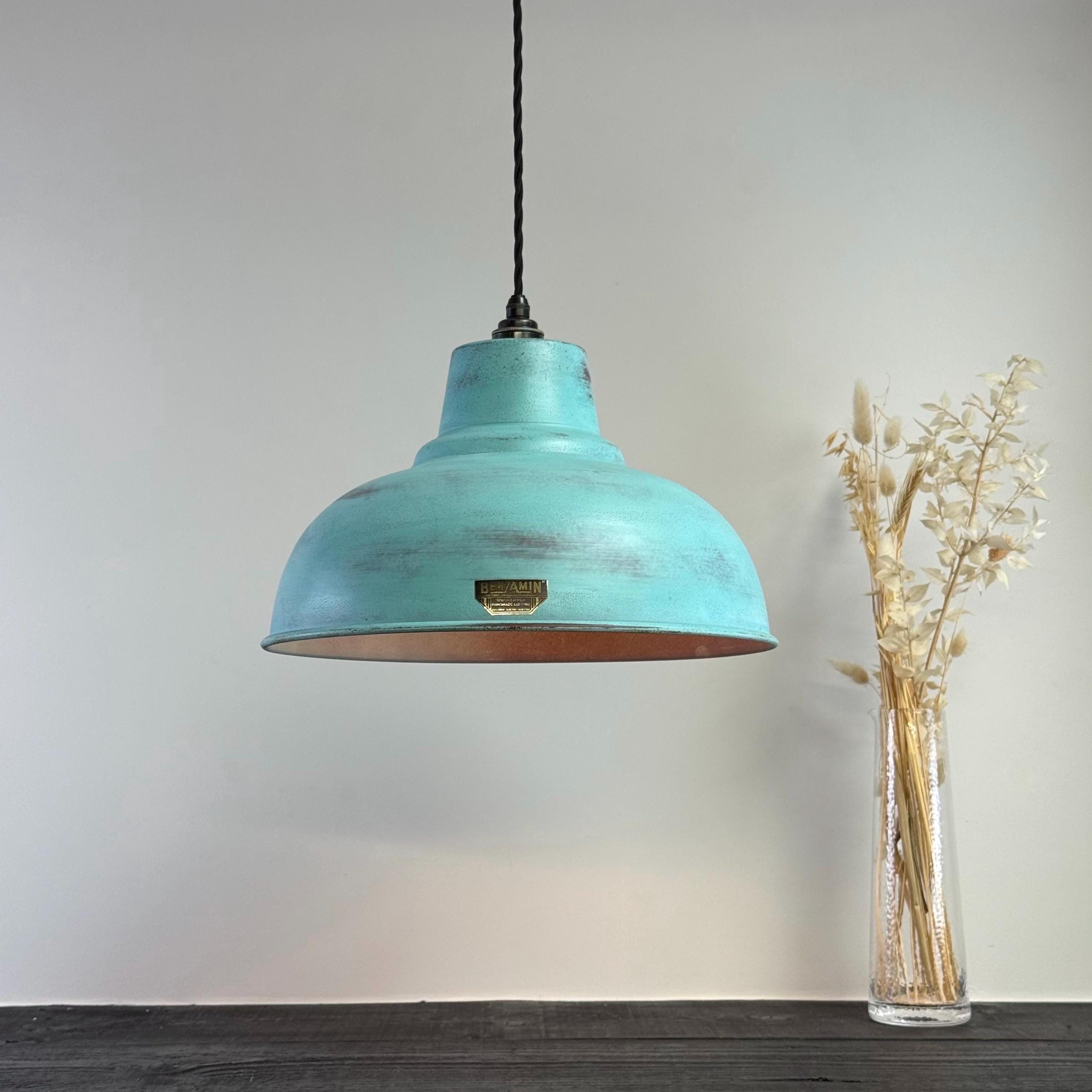 Industrial Turquoise Copper Lampshade - Vintage Patina Hanging Light