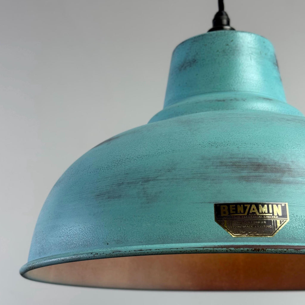 Industrial Turquoise Copper Lampshade - Vintage Patina Hanging Light
