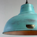 Industrial Turquoise Copper Lampshade - Vintage Patina Hanging Light