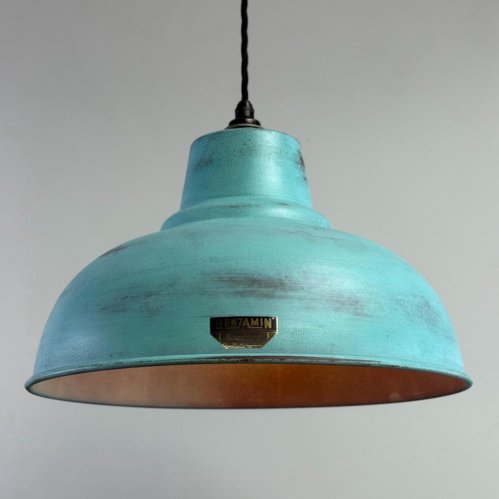 Industrial Turquoise Copper Lampshade - Vintage Patina Hanging Light