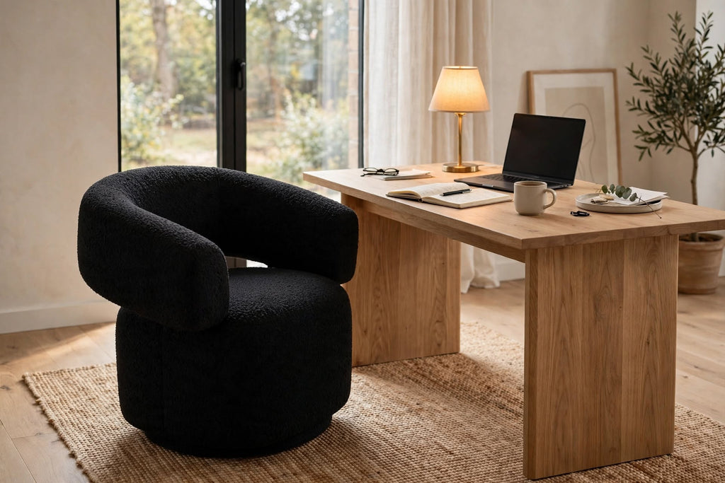 Oliveto Black Bouclé Curved Swivel Armchair with 360 degree revolving base and modern cut-out back design