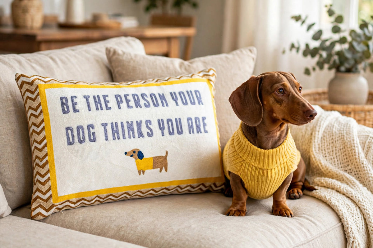 Be The Person Your Dog Thinks You Are hand-stitched needlepoint throw pillow featuring a brown dachshund design with a soft reversible velvet backing