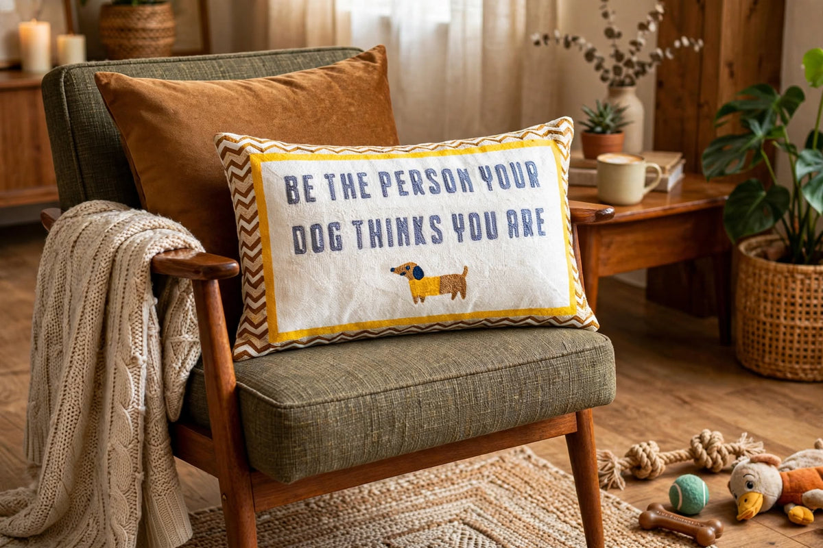 Be The Person Your Dog Thinks You Are hand-stitched needlepoint throw pillow featuring a brown dachshund design with a soft reversible velvet backing
