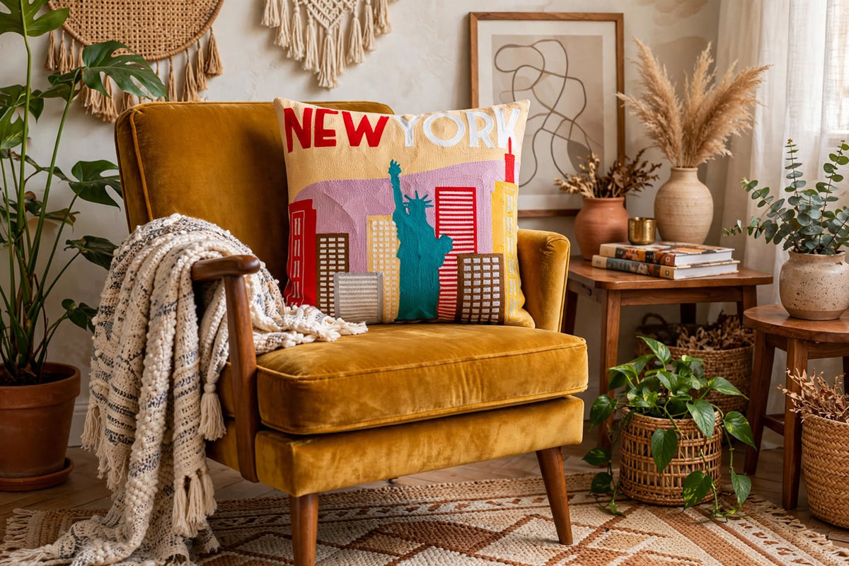 New York City hand-stitched needlepoint throw pillow featuring a colorful geometric NYC skyline design with a soft reversible velvet backing