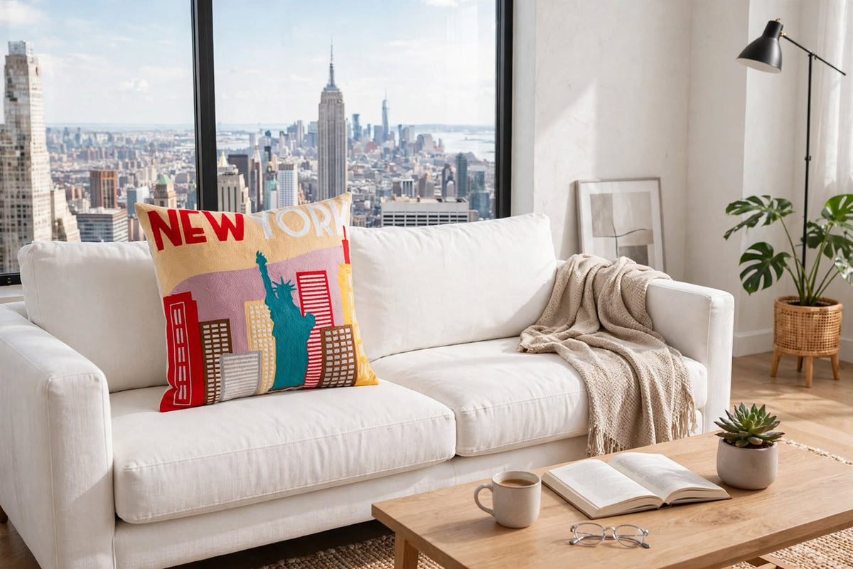 New York City hand-stitched needlepoint throw pillow featuring a colorful geometric NYC skyline design with a soft reversible velvet backing