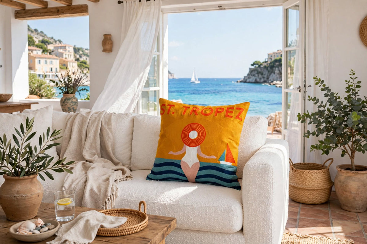 St. Tropez Palm hand-stitched needlepoint throw pillow featuring a colorful coastal palm tree design with a soft reversible velvet backing