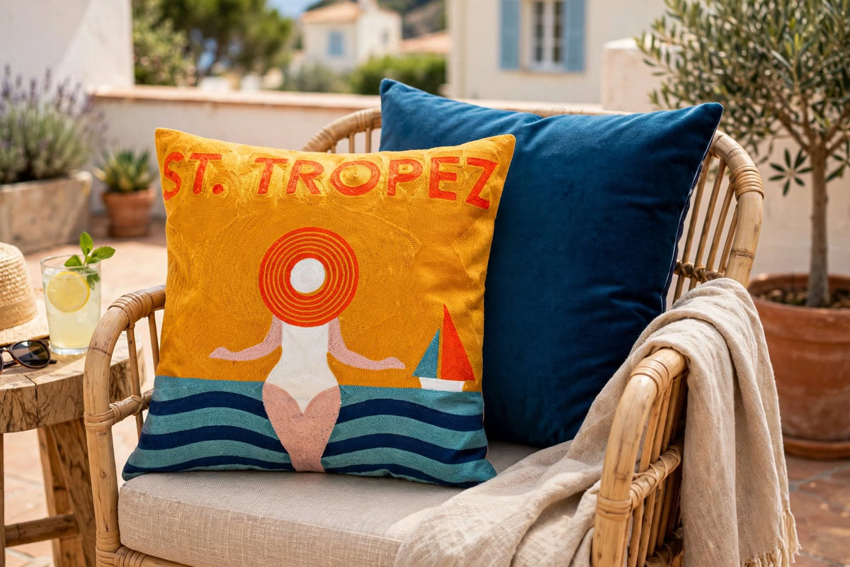 St. Tropez Palm hand-stitched needlepoint throw pillow featuring a colorful coastal palm tree design with a soft reversible velvet backing