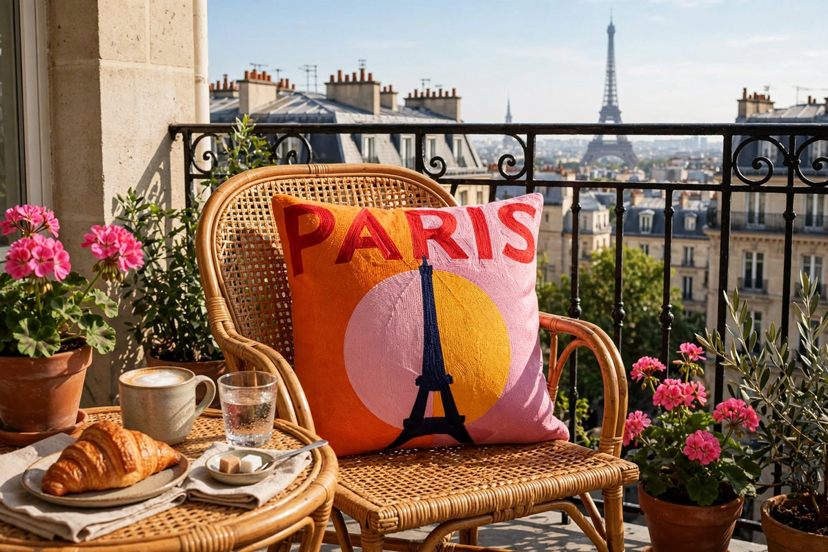 Paris Eiffel Tower hand-stitched needlepoint throw pillow featuring the Eiffel Tower against a vibrant pink and orange backdrop with a soft reversible velvet backing