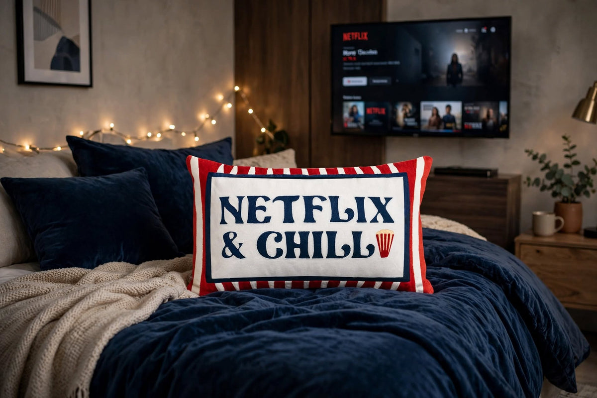 Netflix & Chill hand-stitched needlepoint throw pillow featuring red stripes and popcorn details with a soft reversible velvet backing