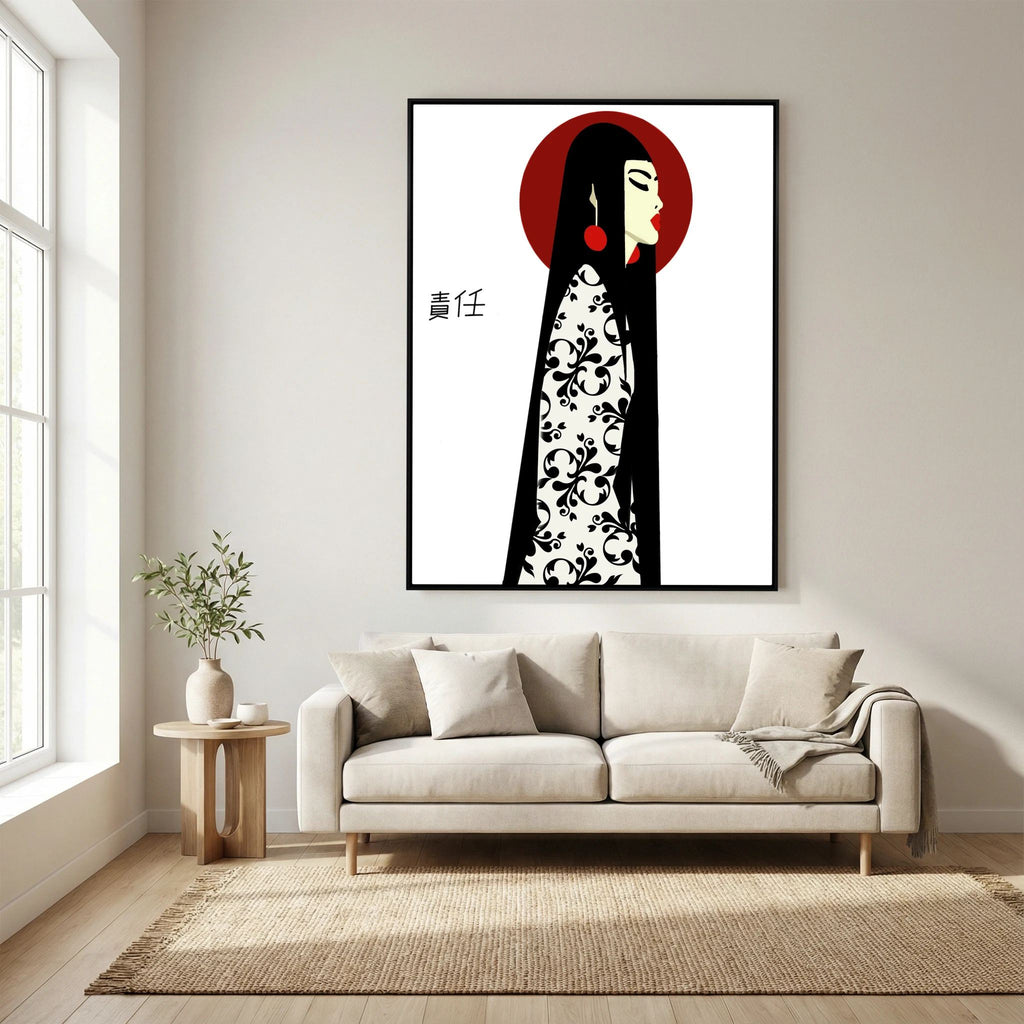 Asian Elegance Stretched Canvas Geisha Profile Art with Red Halo